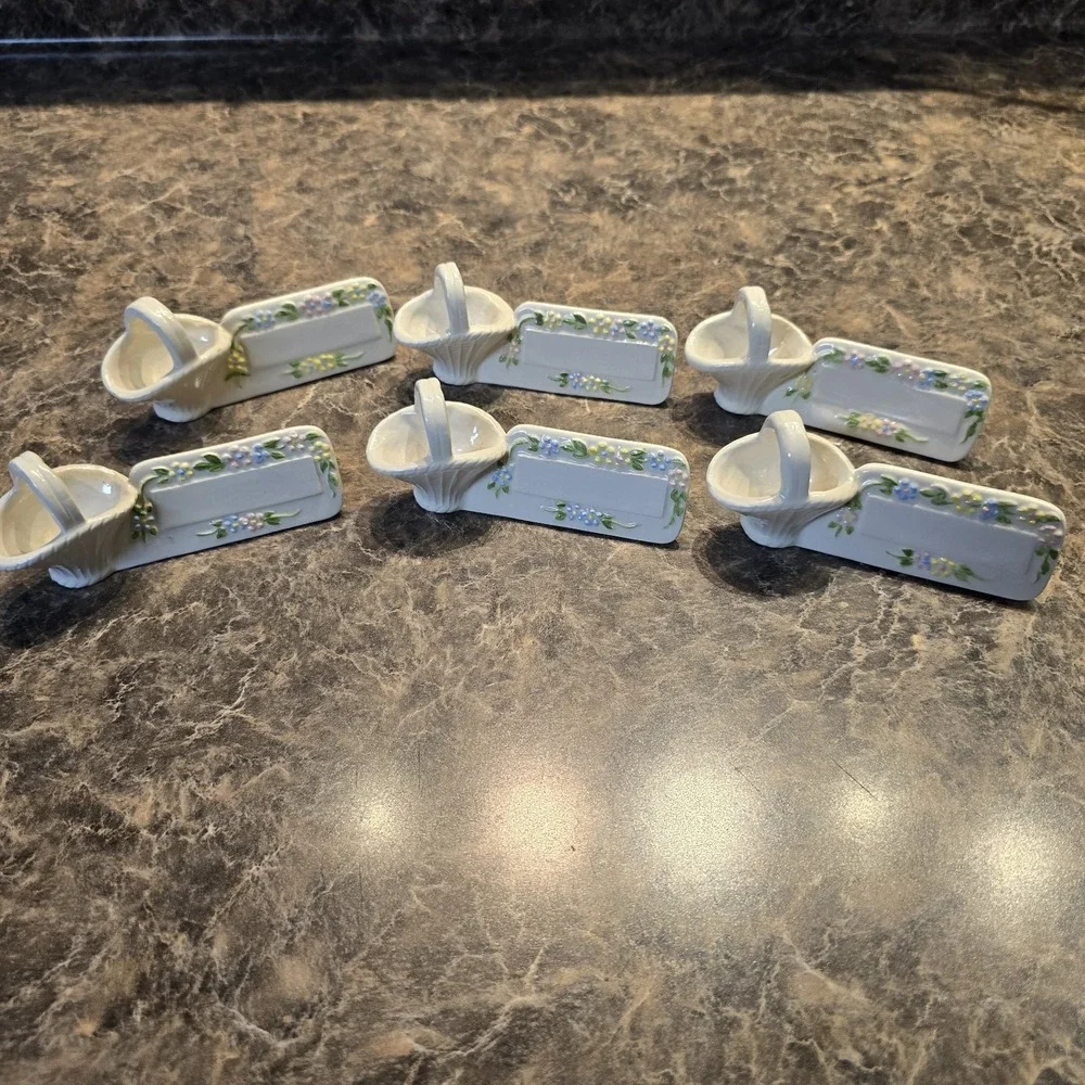 Set of Six (6) Vintage‎ Porcelain Place Cards/Name Cards Baskets and Floral 1980